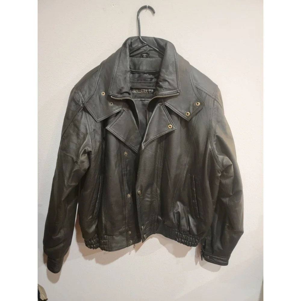 Papaleather USA black leather motorcycle flight JACKET full Zip‎ Black size L